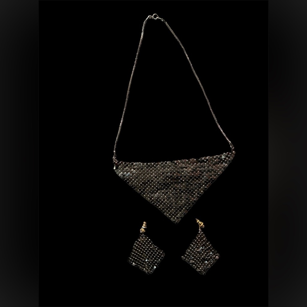 Black Metal Mesh Triangle Necklace and Earring Set